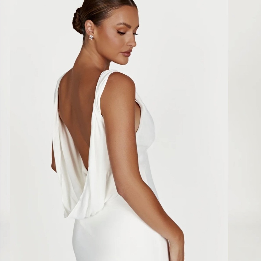 Meshki White Cowl Neck Backless Gown